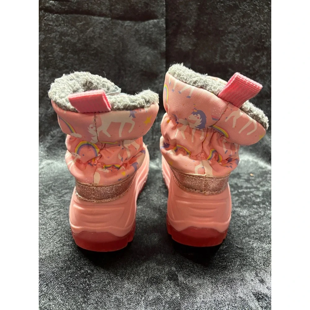 Girls Pink Unicorn Rainbow Snow Boots Glitter Trim Faux Fur Lined Winter‎ Boots